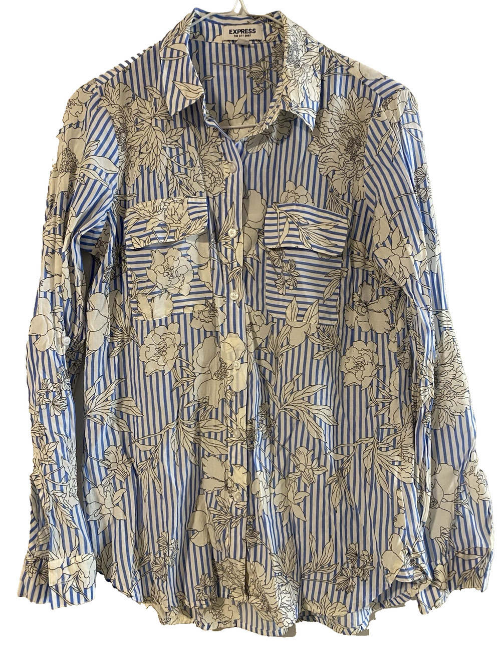 Express City Shirt Blue & White Striped Floral Dress Shirt Small Preppy Office